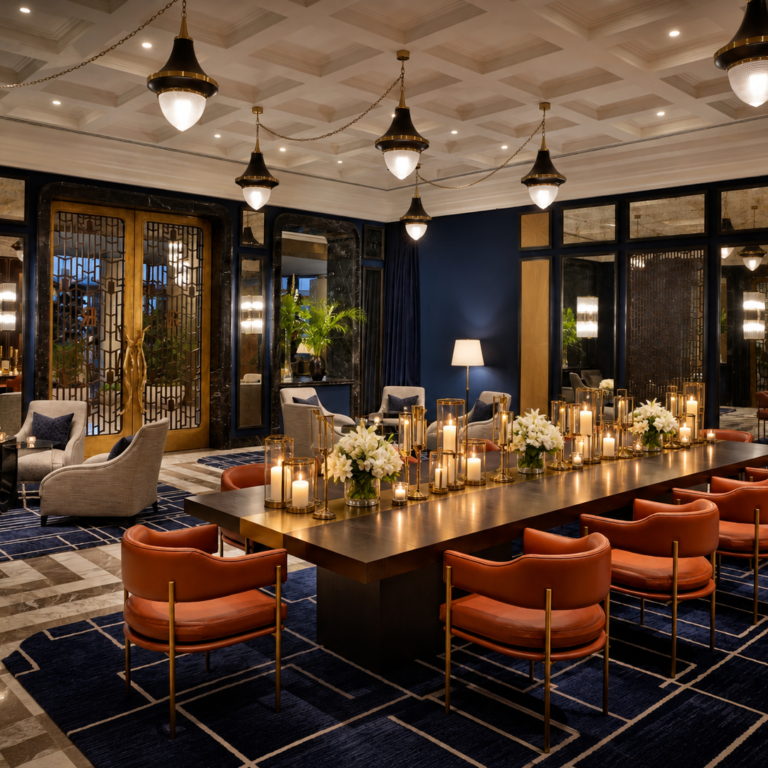 candlelit navy and gold dining lounge