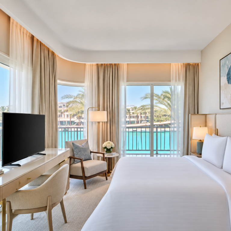 coastal luxury hotel room with marina view