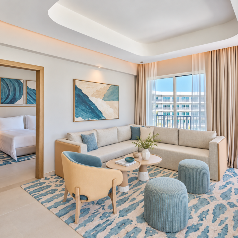 coastal modern hotel suite living room