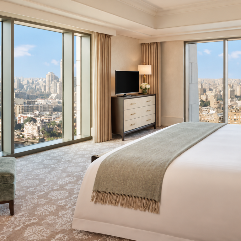 contemporary luxury hotel bedroom with city views