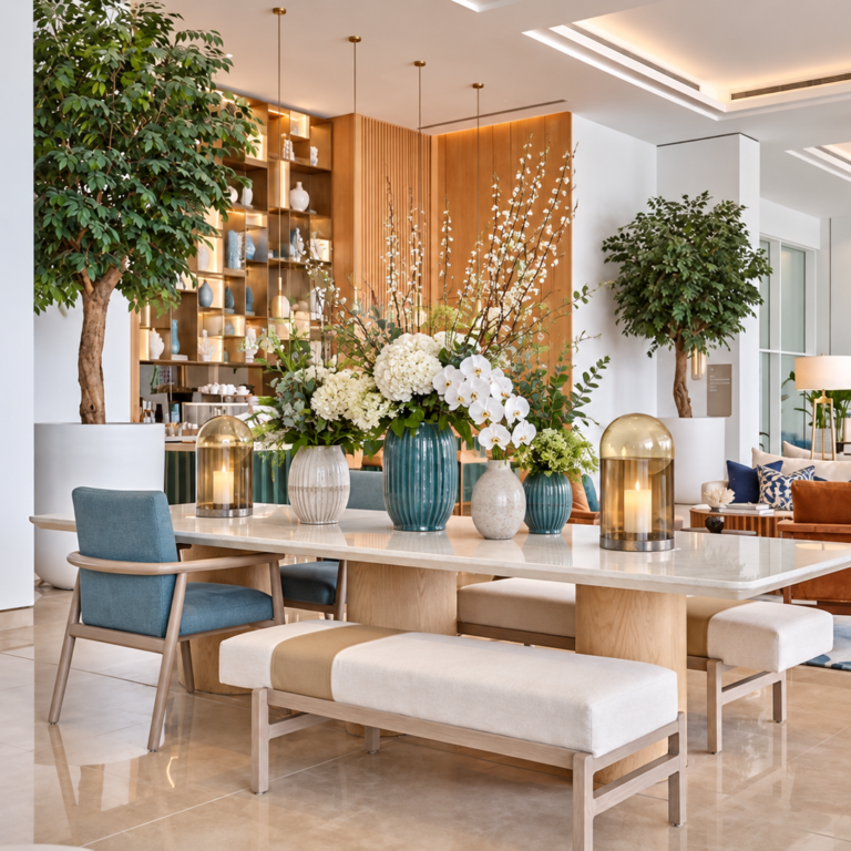 elegant hotel lobby with floral table display
