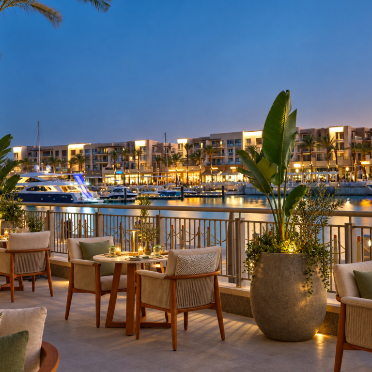 luxury marina terrace at blue hour