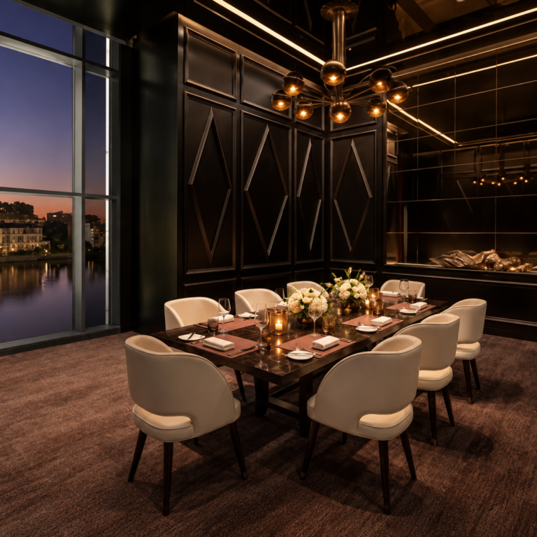 moody luxury dining room at dusk