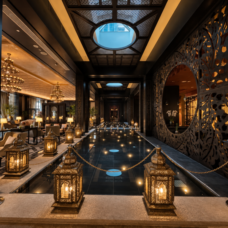moroccan lanterns by the reflecting pool