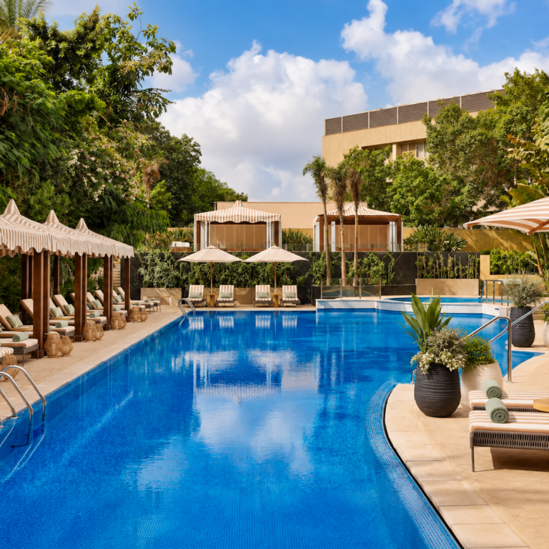 serene tan striped luxury resort pool