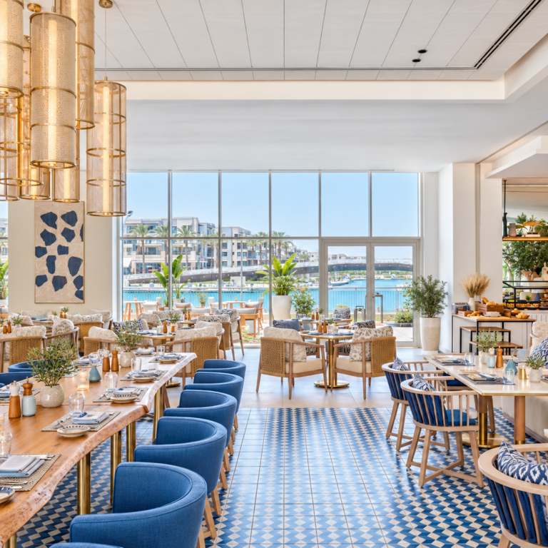 sunlit coastal marina dining room