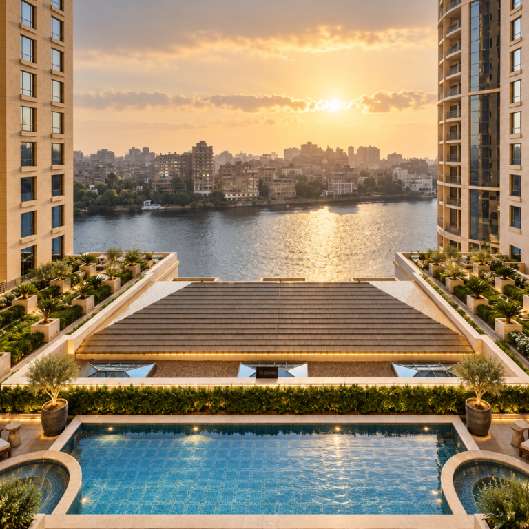 symmetrical sunset riverfront luxury terrace 1