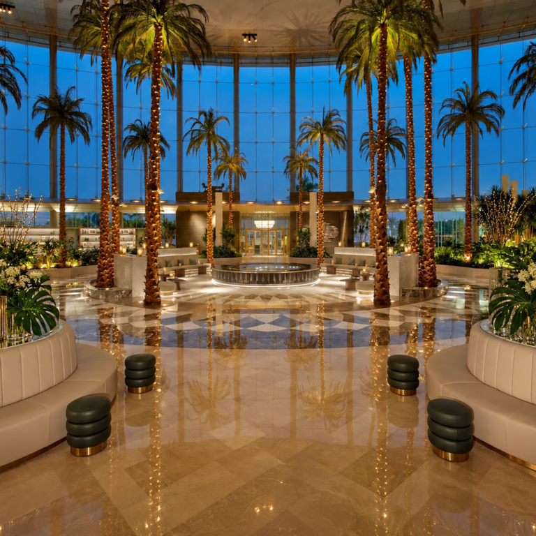 symmetrical twilight palm atrium