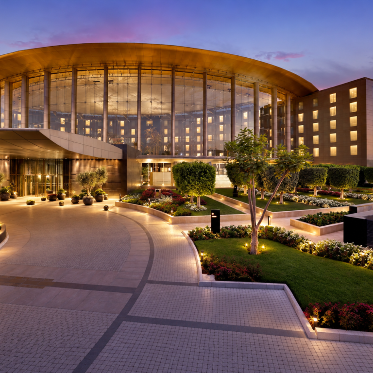 twilight luxury hotel entrance