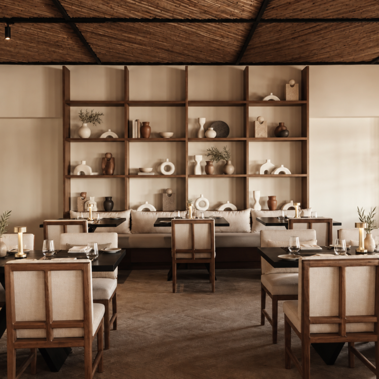 warm minimalist mediterranean dining room